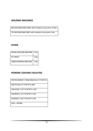 13
WELDING MACHINES
MIG WELDING MACHINES with standard accessories 12 Nos.
TIG WELDING MACHINES with standard accessories 3 No.
OTHER
RADIAL DRILLING MACHINE 1 No
FLY PRESS 1 No
HAND SHEARING MACHINE 1 No
POWDER COATING FACILITIES
PRETREATMENT-7TANK PROCESS-4’L*4’W*6’H
BOOTH SIZE-4’L*4’W*6’H-2NO
OVEN SIZE 1-12’L*6’W*8’H-1 NO
OVENSIZE 2-15’L*6’W*8’H-1 NO
OVENSIZE 3-20’L*6’W*8’H-1 NO
GUN – GEEMA
 