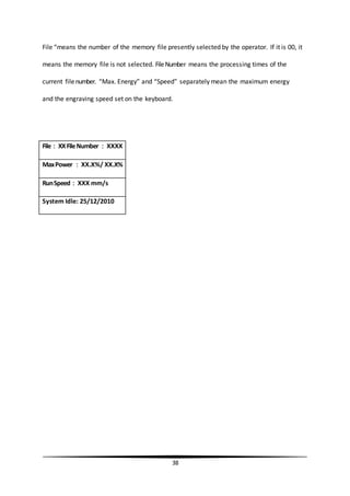 38
File “means the number of the memory file presently selected by the operator. If it is 00, it
means the memory file is not selected. FileNumber means the processing times of the
current filenumber. “Max. Energy” and “Speed” separately mean the maximum energy
and the engraving speed set on the keyboard.
File：XXFileNumber：XXXX
MaxPower：XX.X%/ XX.X%
RunSpeed：XXX mm/s
System Idle: 25/12/2010
 
