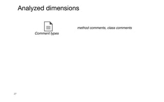 27
Analyzed dimensions
method comments, class comments
Comment types
 