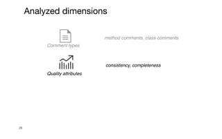 28
consistency, completeness
Quality attributes
method comments, class comments
Comment types
Analyzed dimensions
 