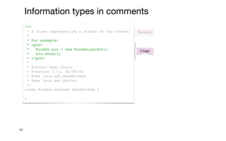 59
Summary
/**
* A class representing a window on the screen.
*
* For example:
* <pre>
* Window win = new Window(parent);
* win.show();
* </pre>
*
* @author Sami Shaio
* @version 1.13, 06/08/06
* @see java.awt.BaseWindow
* @see java.awt.Button
*/
class Window extends BaseWindow {
…
}
Usage
Information types in comments
 