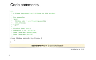 6
/**
* A class representing a window on the screen.
*
* For example:
* <pre>
* Window win = new Window(parent);
* win.show();
* </pre>
*
* @author Sami Shaio
* @version 1.13, 06/08/06
* @see java.awt.BaseWindow
* @see java.awt.Button
*/
class Window extends BaseWindow {
…
}
Code comments
Trustworthy form of documentation
- McMillan et al. 2010
 