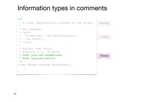 60
Summary
/**
* A class representing a window on the screen.
*
* For example:
* <pre>
* Window win = new Window(parent);
* win.show();
* </pre>
*
* @author Sami Shaio
* @version 1.13, 06/08/06
* @see java.awt.BaseWindow
* @see java.awt.Button
*/
class Window extends BaseWindow {
…
}
Usage
Pointer
Information types in comments
 