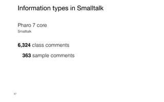 67
Information types in Smalltalk
Pharo 7 core


Smalltalk


6,324 class comments


363 sample comments


 