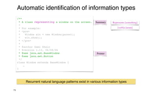 79
Automatic identi
fi
cation of information types
Summary
/**
* A class representing a window on the screen.
*
* For example:
* <pre>
* Window win = new Window(parent);
* win.show();
* </pre>
*
* @author Sami Shaio
* @version 1.13, 06/08/06
* @see java.awt.BaseWindow
* @see java.awt.Button
*/
class Window extends BaseWindow {
…
}
Pointer
Represents [something]
[verb]s [noun]
Recurrent natural language patterns exist in various information types
 