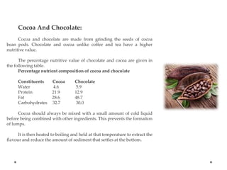 Cocoa And Chocolate:
Cocoa and chocolate are made from grinding the seeds of cocoa
bean pods. Chocolate and cocoa unlike coffee and tea have a higher
nutritive value.
The percentage nutritive value of chocolate and cocoa are given in
the following table.
Percentage nutrient composition of cocoa and chocolate
Constituents Cocoa Chocolate
Water 4.6 5.9
Protein 21.9 12.9
Fat 28.6 48.7
Carbohydrates 32.7 30.0
Cocoa should always be mixed with a small amount of cold liquid
before being combined with other ingredients. This prevents the formation
of lumps.
It is then heated to boiling and held at that temperature to extract the
flavour and reduce the amount of sediment that settles at the bottom.
 