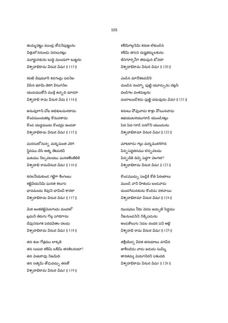 103
తKమ%XెటŒˆ మ ండ• ›డ HపfటŒˆ ను
తKలVననుండ nడల`నటŒ•
మ?రa, నక`ను బ IV‡ మ ందు7ా బ టˆను
శ I ."ామ నుర Hమ! || 113 ||
కపట} Hషమ?_ కడగండ• పడ Hల
yిన భ?v "T7T సుగ Hల
య పమ › H మ ]± ఉన-IV చూడ"ా
శ I . "ామ నుర Hమ || 114 ||
అనువf7ా_ X[ట అ=Vక`లమన"ాదు
] ంXెమ ందుటAల• ] దువ]ాదు
] ండ యదŸమందు ] ంచQ×¶ ఉండI
శ I ."ామ నుర Hమ! || 115 ||
మనసులeనున- మర%మంత ఎ"T7T
/ిBరమ Xే/ి ఆత% ేటప"T¼
ఘటమ _ల&వలయ , ఘనతÃం]ట}]±
శ I . "ామ నుర Hమ! || 116 ||
కదల®యక`ండ గట}ˆ7ా Ãంగంబ
కట}ˆ Hయ Hv ఘనత కల`గ
EFవమందు qవf_ EF ం¼ ]ాన"ా
శ I ."ామ నుర Hమ! || 117 ||
QRక జంకబట}ˆQ×లగ చు మందలe
బ$మ_ రaగ 7$ల• ప7TIV7ాను
Iేవf nరaగక పరద Hతల దలచు
శ I ."ామ నుర Hమ! || 118 ||
తన క`ల 7[త$మ లlకృ
తన సంపద కÃv బÃv తన]లనయl?
తన nంట"ావf _జvIV
తన సత QR ›డ వచు¹ తన ›
శ I ."ామ నుర Hమ! || 119 ||
కÃvగల• Hv కరaణ ల@క`ం˜¨న
కÃv తగ n దుషˆకరa%లక`ను
ే nగ?ర&®గ ెరaవfన బã వI
శ I ."ామ నుర Hమ! || 120 ||
ఎం˜¨న మl (కటడ _
మం˜¨న నంద7T- పfట}ˆ య?డ ¹ను Xెట•^
దం˜¨గల వంశQ×ల•ను
చం˜ ల`ం˜ొకడ పfట}ˆ చదువfను Hమ! || 121 ||
కనుల` O² వf ాడ ]ాళ• O² 5న ాడ
ఉభయ లరయ గ?˜¨ య ం˜¨నటŒ•
yzద yzద గ?˜¨ y¢న7$_ య ండ ను
శ I ."ామl నుర Hమ! || 122 ||
మlటలlడ గల`• మర%మ ల"T7Tన
yిన-y¢దŸతనమ లన-వలదు
yిన-Xే IV n y¢దŸ7ా nలగI ?
శ = ."ామ నుర Hమ! || 123 ||
] ండమ చు¹ y¢ం˜¨•]± ]w yzరంటFల`
ం˜¨ ా_ ‚తKడ బండ ాడ
దుండ7Dడ నక`ను ] ం˜ెడ దళ ా5
శ I ."ామl నుర Hమ! || 124 ||
ఝ షమ ®రa nడల జచు¹టê /ిద‡మ
®టనుండ H_ _]±{పడ ను
అండ 'ల`గ nడల నందర ప_ అటê•
శ I . "ామ నుర Hమ! || 125 ||
తÃ•56డ నక తనయlల` వగ¼న
జ‹Ãప˜ెడ ాడ జడ డ సుv%
రతమ Q×రaగ Hర_ పŽవIV
శ I ."ామ నుర Hమ! || 126 ||
 