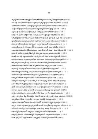 49
2ా =V¤ా! ంబ జగ చతKర కûమ …హ"ా | లlI య ధసంప - yీతవ"ాL z గ"T || 104 ||
QRIో_¤ా! మధుyీ$ బంIV IVసమ_ |దధ -సకహృదయl ]ా]±®రSప= "Tణ£ || 105 ||
మ?లl= "ాంబ జ‹రS= పంచవ]ాûz/ిBసం/ిB |అంక`cాIVప$హరణ వరI IV_šz || 106 ||
మ Iౌ• ద సక¼ 2ా]±న ంబFస రSyిణ£ |ఆజ‹Â చ]ాబÌ_లయl Žక•వ"ాL ష˜ న || 107 ||
మజ‹Ì సం2ాB హంసవ>మ ఖ శ]±సమ_ |హ"TI$ nౖ-కర/ి]ా 3]±®రSప= "Tణ£ || 108 ||
సహస$దళపద%2ాB సర వ"[Lపcd. |స"ా య ధధ"ా Žక•సం/ిB సర ›మ || 109 ||
స"C దనyీ$త¼ యl]±న ంబFస రSyిణ£ |2ా 3 స = zమ -"%= Ž ః స%ృ -రనుతమl || 110 ||
పfణ ]â"Tః పfణ లEF పfణ శవణ]âర |పfలeమజ‹"T¹ బంధxచ® బంధు"ాల]ా || 111 ||
మరGరSyిణ£ I యI IVజగతÓÔసూః |సర ా =Vప$శమ® సర మృతK _ ా"Tణ£ || 112 ||
అగగణ z¼ంత రSOా కÃకల%ష q® |]ా య® ]ాలహం>$ కమలlP_šz || 113 ||
ంబ?లపª"Tతమ I ˜¨uక`సుమప$EF |మృ7ా:; x ‚® మ ఖl మృ˜ ® vత$రSyిణ£ || 114 ||
_త తృOా భక_=V-"T-యం>$ _¸ల@శ "D |Q×¶ $ hIV ాస లEF మ3ప$ళయ2ా:¨ణ£ || 115 ||
ప"ాశ]±ః ప"ా _¤ా! ప$జ‹Â నఘనరSyిణ£ |మl=r Oా ల2ా మ మlతృ]ావరLరSyిణ£ || 116 ||
మ3]«¬లlస_లయl మృణ లమృదుIోర• |మహ®యl దయlమ?"T-ర%32ామlõ జ cాÃ® || 117 ||
ఆత% I మ3 I b I ]ామ/z |b¤² డcాP"D I $కàటF ]ామ]wట}]ా || 118 ||
కటFP]±ంక"Dభ?తకమలl]wట}/z |qరః/ిB చంద$_EF ాల/zBంద$ధనుఃప$EF || 119 ||
హృదయ2ాB ర ప$ఖl $]wణ ంతరIryి]ా |I :¡యణ£ Iైత హం>$ దPయజÂ q® || 120 ||
ద"ాంIోîతIr"ాØ :; దర32² జÌäలను% |గ రaమ?"T-రa• ణ_=V-"[• మl గ హజన%భ?ః || 121 ||
Iే Hb దండ® 2ాB దహ"ా]ాశరSyిణ£ |ప$ పను%ఖ "ా]ాంత ÇVమండలపª† || 122 ||
క¥¦ %]ా క¥¦ Ç ]ా ా లlప …IV® |సX మరరమl ాణ£సవ ద:¨ణ/z || 123 ||
ఆIVశ]±-రQRయlzz % పరమl Oావ కృ ః |అ Hక]wట}బ$3%ండజన® IVవ గ3 || 124 ||
]â•ం]ా"D ]వలl గ 3 ]«¬వల పదI 5® | $పf"ా $జగద ంI $మ?"T-/ిgదc©శ "D || 125 ||
త$hP"D IVవ గం= = /ిందూర ల]ాం¼ |ఉమl cë¬ల@ంద$తనయl 7C"D గంధర /z || 126 ||
శ గ"ా• స రLగ"ా• వరI ాగ=rశ "D |= నగమl zప"TXే·I జ‹Â నI జ‹Â న గ3 || 127 ||
సర HI ంతసం HI స నందస రSyిణ£ |లeOామ I$ "T¹ ïలlక•పబ$3%ండమండలl || 128 ||
అదృcా దృశ ర ‚ జ‹Â >$ Hద వ"TÌ |ƒ7T® ƒగI ƒ7ా ƒ7ానంI య గంధ"ా || 129 ||
ఇX ·శ]±జ‹Â నశ]±]±యlశ]±స రSyిణ£ |స"ా = "ా సుప$ ¤ా! సదసదూ$ ప= "Tణ£ || 130 ||
అషˆమ?"T-రజ‹జ«ౖ>$ లeకయl $ = 5® |ఏ]ా]±® భ?మరSOా _"«Ÿä Iై తవ"TÌ || 131 ||
అన-I వసుI వృI‡ బ$3% ై%క స రSyిణ£ |బృహ> బF$ హ%ణ£ బF$ ™% బ$3%నంI బÃyి$యl || 132 ||
EF¤ారSOా బృహ ే1 EF ాEFవ వ"TÌ |సుఖl"ా= Žభక"D cdభ సులEF గ ః || 133 ||
"ాజ"ాజశ "D "ాజ I 5® "ాజ వల•EF |"ాజత{ృOా "ాజyీఠ_ Hqత_జ‹q || 134 ||
"ాజ ల:;%ః ]wశ Ç చతKరంగబల@శ "D |2ామlõ జ I 5® సత సం= 2ాగరQRఖలl || 135 ||
Ir:¨ Iైత శమ® సర లeకవశంక"D |స"ా రBI >$ 2ా >$ స¼¹I నందరSyిణ£ || 136 ||
 