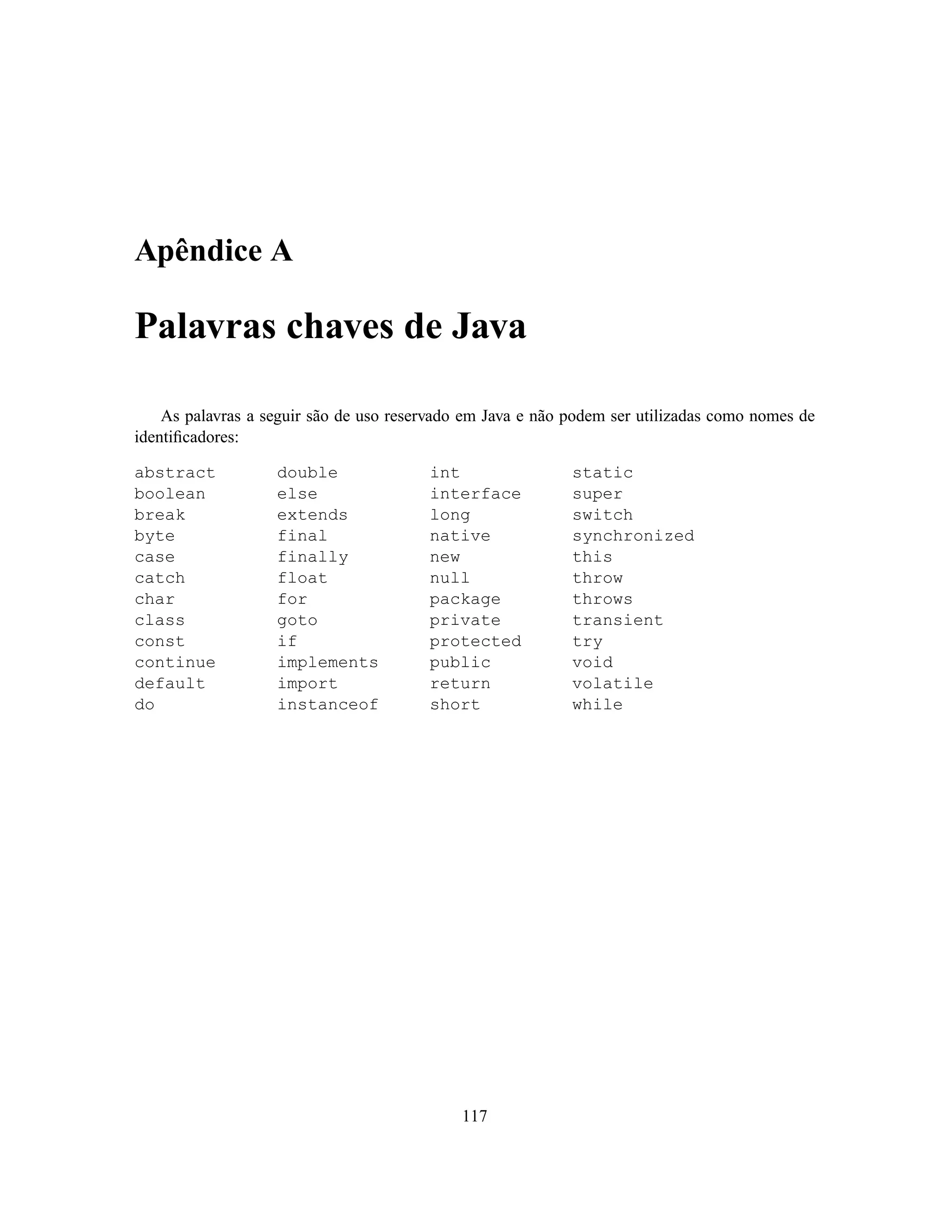 Apêndice A

Palavras chaves de Java

    As palavras a seguir são de uso reservado em Java e não podem ser utilizadas como nomes de
identiﬁcadores:

abstract           double               int                 static
boolean            else                 interface           super
break              extends              long                switch
byte               final                native              synchronized
case               finally              new                 this
catch              float                null                throw
char               for                  package             throws
class              goto                 private             transient
const              if                   protected           try
continue           implements           public              void
default            import               return              volatile
do                 instanceof           short               while




                                             117
 