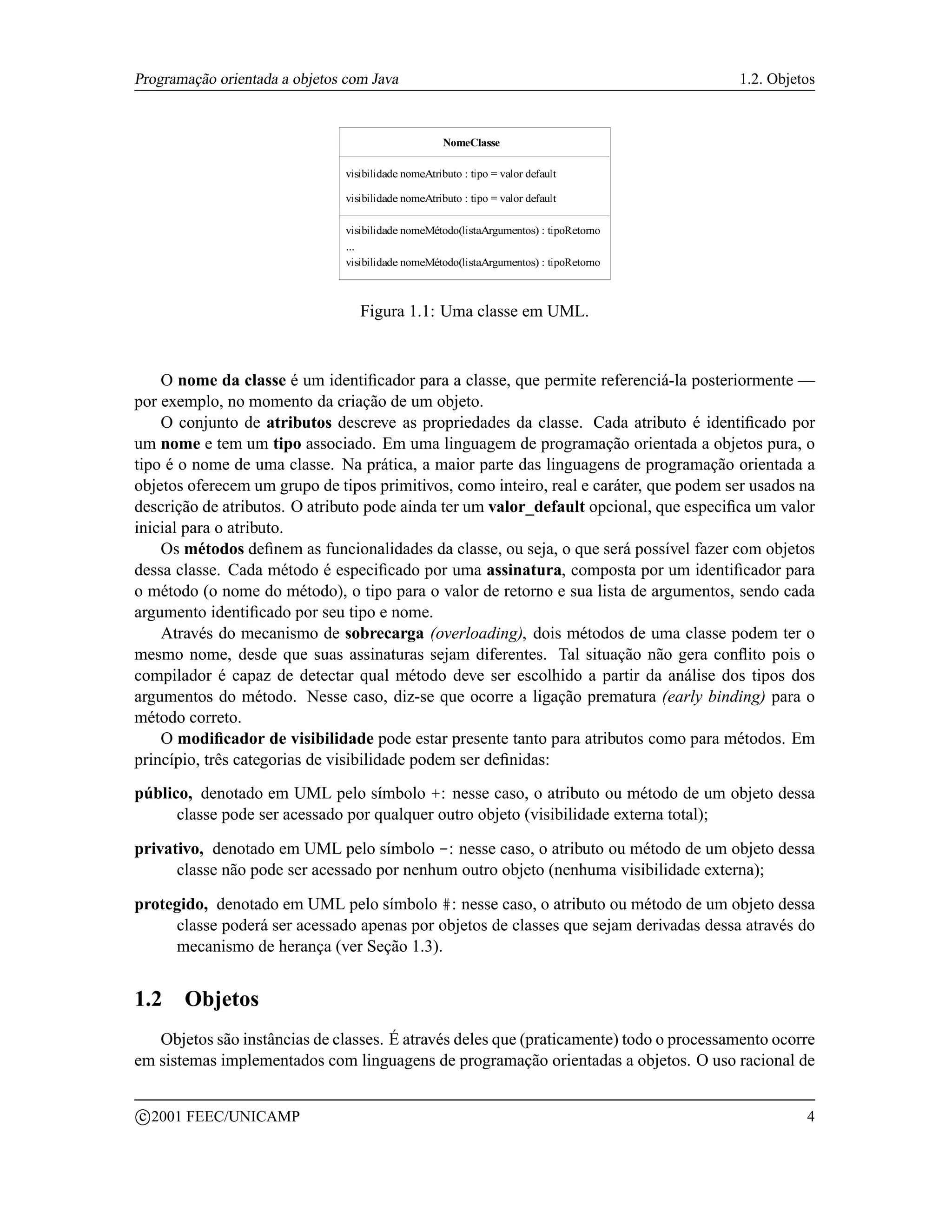 Programação orientada a objetos com Java                                                      1.2. Objetos



                                                         NomeClasse

                                vi si bili dade nomeAtri buto : ti po = val or def aul t
                                ...
                                vi si bili dade nomeAtri buto : ti po = val or def aul t

                                vi si bili dade nomeMétodo(li staArgumentos) : ti poRetorno
                                ...
                                vi si bili dade nomeMétodo(li staArgumentos) : ti poRetorno



                                   Figura 1.1: Uma classe em UML.



    O nome da classe é um identiﬁcador para a classe, que permite referenciá-la posteriormente —
por exemplo, no momento da criação de um objeto.
    O conjunto de atributos descreve as propriedades da classe. Cada atributo é identiﬁcado por
um nome e tem um tipo associado. Em uma linguagem de programação orientada a objetos pura, o
tipo é o nome de uma classe. Na prática, a maior parte das linguagens de programação orientada a
objetos oferecem um grupo de tipos primitivos, como inteiro, real e caráter, que podem ser usados na
descrição de atributos. O atributo pode ainda ter um valor_default opcional, que especiﬁca um valor
inicial para o atributo.
    Os métodos deﬁnem as funcionalidades da classe, ou seja, o que será possível fazer com objetos
dessa classe. Cada método é especiﬁcado por uma assinatura, composta por um identiﬁcador para
o método (o nome do método), o tipo para o valor de retorno e sua lista de argumentos, sendo cada
argumento identiﬁcado por seu tipo e nome.
    Através do mecanismo de sobrecarga (overloading), dois métodos de uma classe podem ter o
mesmo nome, desde que suas assinaturas sejam diferentes. Tal situação não gera conﬂito pois o
compilador é capaz de detectar qual método deve ser escolhido a partir da análise dos tipos dos
argumentos do método. Nesse caso, diz-se que ocorre a ligação prematura (early binding) para o
método correto.
    O modiﬁcador de visibilidade pode estar presente tanto para atributos como para métodos. Em
princípio, três categorias de visibilidade podem ser deﬁnidas:
público, denotado em UML pelo símbolo +: nesse caso, o atributo ou método de um objeto dessa
      classe pode ser acessado por qualquer outro objeto (visibilidade externa total);

privativo, denotado em UML pelo símbolo -: nesse caso, o atributo ou método de um objeto dessa
      classe não pode ser acessado por nenhum outro objeto (nenhuma visibilidade externa);

protegido, denotado em UML pelo símbolo #: nesse caso, o atributo ou método de um objeto dessa
     classe poderá ser acessado apenas por objetos de classes que sejam derivadas dessa através do
     mecanismo de herança (ver Seção 1.3).


1.2      Objetos
   Objetos são instâncias de classes. É através deles que (praticamente) todo o processamento ocorre
em sistemas implementados com linguagens de programação orientadas a objetos. O uso racional de

    c 2001 FEEC/UNICAMP                                                                                 4
 