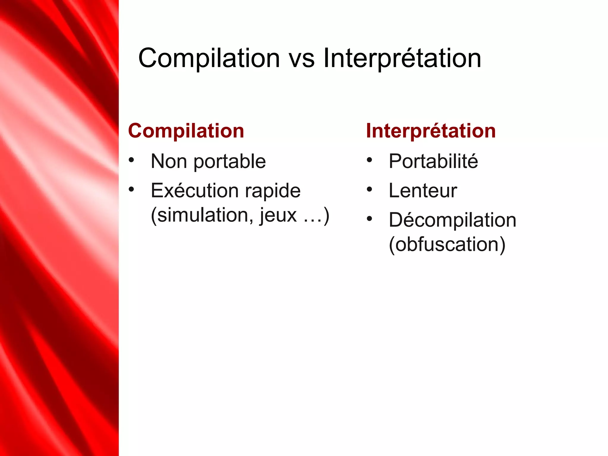 Compilation vs Interprétation
Compilation
• Non portable
• Exécution rapide
(simulation, jeux …)
Interprétation
• Portabilité
• Lenteur
• Décompilation
(obfuscation)
 
