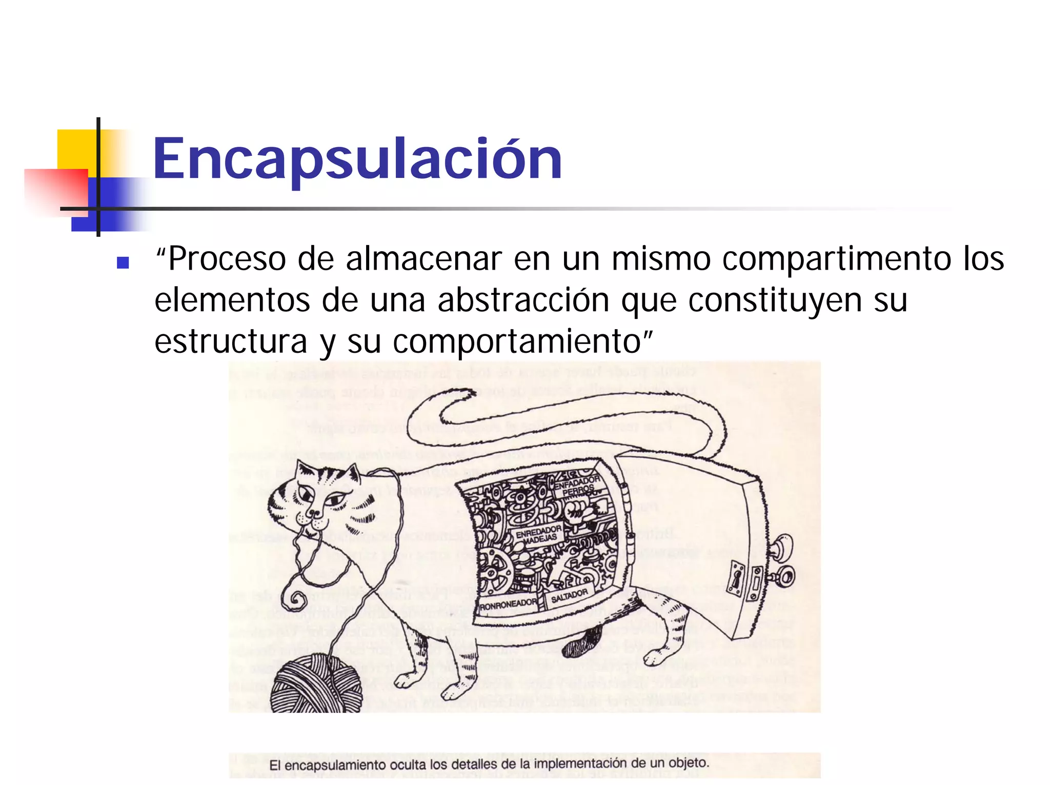 Encapsulación
“Proceso de almacenar en un mismo compartimento los
elementos de una abstracción que constituyen su
estructura y su comportamiento”
 