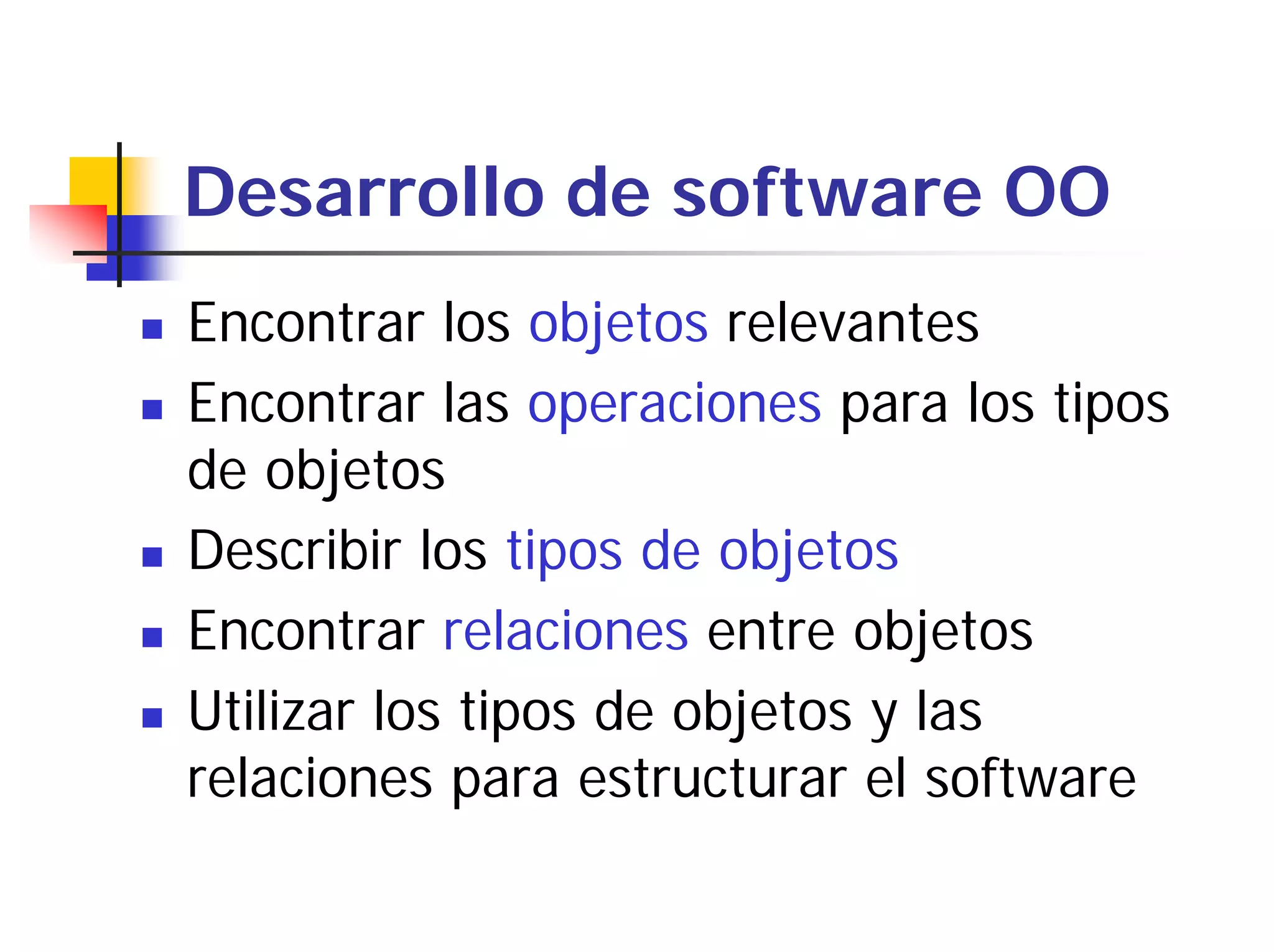 Desarrollo de software OO
Encontrar los objetos relevantes
Encontrar las operaciones para los tipos
de objetos
Describir los tipos de objetos
Encontrar relaciones entre objetos
Utilizar los tipos de objetos y las
relaciones para estructurar el software
 