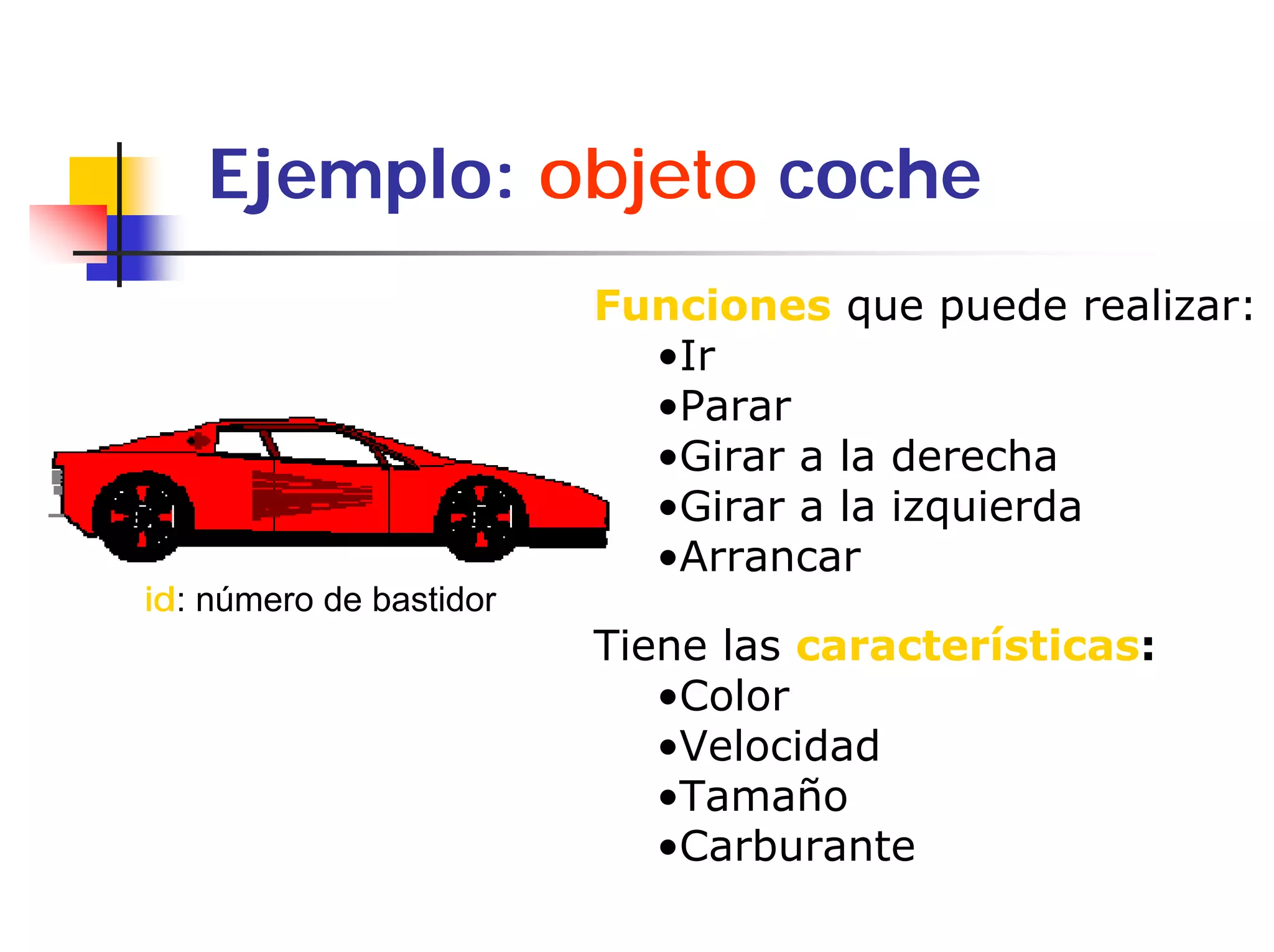 Ejemplo: objeto coche
                         Funciones que puede realizar:
                           •Ir
                           •Parar
                           •Girar a la derecha
                           •Girar a la izquierda
                           •Arrancar
id: número de bastidor
                         Tiene las características:
                            •Color
                            •Velocidad
                            •Tamaño
                            •Carburante
 