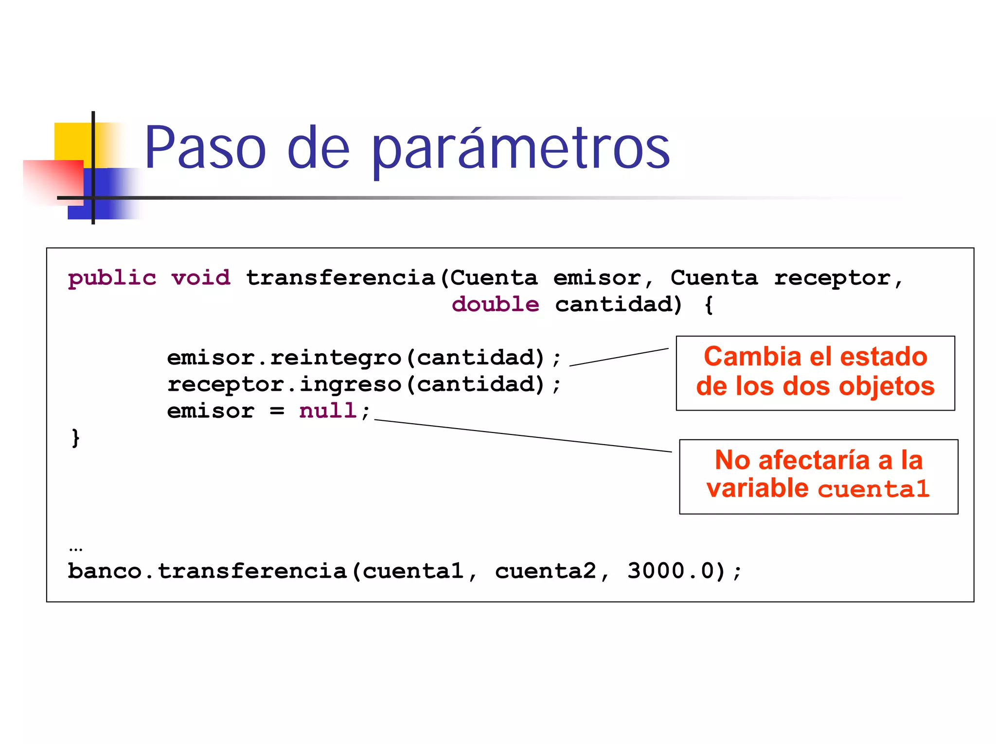 Paso de parámetros
public void transferencia(Cuenta emisor, Cuenta receptor,
                          double cantidad) {

      emisor.reintegro(cantidad);         Cambia el estado
      receptor.ingreso(cantidad);         de los dos objetos
      emisor = null;
}
                                            No afectaría a la
                                           variable cuenta1
…
banco.transferencia(cuenta1, cuenta2, 3000.0);
 