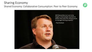 Sharing Economy
Shared Economy: Collaborative Consumption: Peer to Peer Economy
Will Ownership turn out to be
largely a hack people resorted to
before they have the infrastructure
to manage sharing properly?
- Paul Graham
 