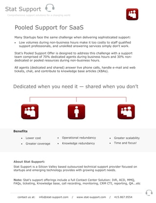 Stat Support
Comprehensive support solutions for a changing world




      Pooled Support for SaaS
     Many Startups face the same challenge when delivering sophisticated support:
     •    Low volumes during non-business hours make it too costly to staff qualified
          support professionals, and unskilled answering services simply don't work.

     Stat’s Pooled Support Offer is designed to address this challenge with a support
     team comprised of 70% dedicated agents during business hours and 30% non-
     dedicated or pooled resources during non-business hours.

     All agents (dedicated and shared) answer live phone calls, handle e-mail and web
     tickets, chat, and contribute to knowledge base articles (KBAs).




    Dedicated when you need it — shared when you don’t




     Benefits

           •   Lower cost                •   Operational redundancy               •   Greater scalability

           •   Greater coverage          •   Knowledge redundancy                 •   Time and focus!




     About Stat Support:
     Stat Support is a Silicon Valley based outsourced technical support provider focused on
     startups and emerging technology provides with growing support needs.


     Note: Stat’s support offerings include a full Contact Center Solution: IVR, ACD, MMQ,
     FAQs, ticketing, Knowledge base, call recording, monitoring, CRM CTI, reporting, QA...etc



         contact us at:   info@stat-support.com        /   www.stat-support.com   /   415.867.9554
 