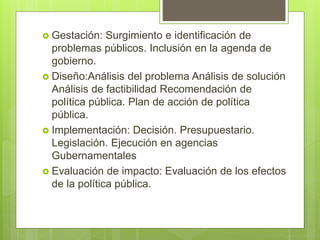  Gestación: Surgimiento e identificación de
problemas públicos. Inclusión en la agenda de
gobierno.
 Diseño:Análisis del problema Análisis de solución
Análisis de factibilidad Recomendación de
política pública. Plan de acción de política
pública.
 Implementación: Decisión. Presupuestario.
Legislación. Ejecución en agencias
Gubernamentales
 Evaluación de impacto: Evaluación de los efectos
de la política pública.
 
