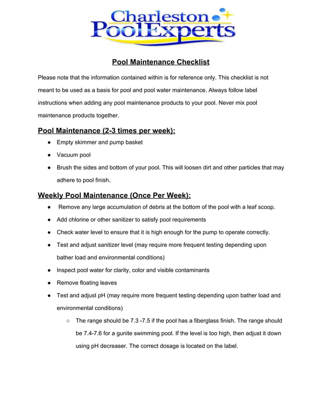 Pool Maintenance Checklist Vacuum, Brush, Test Water