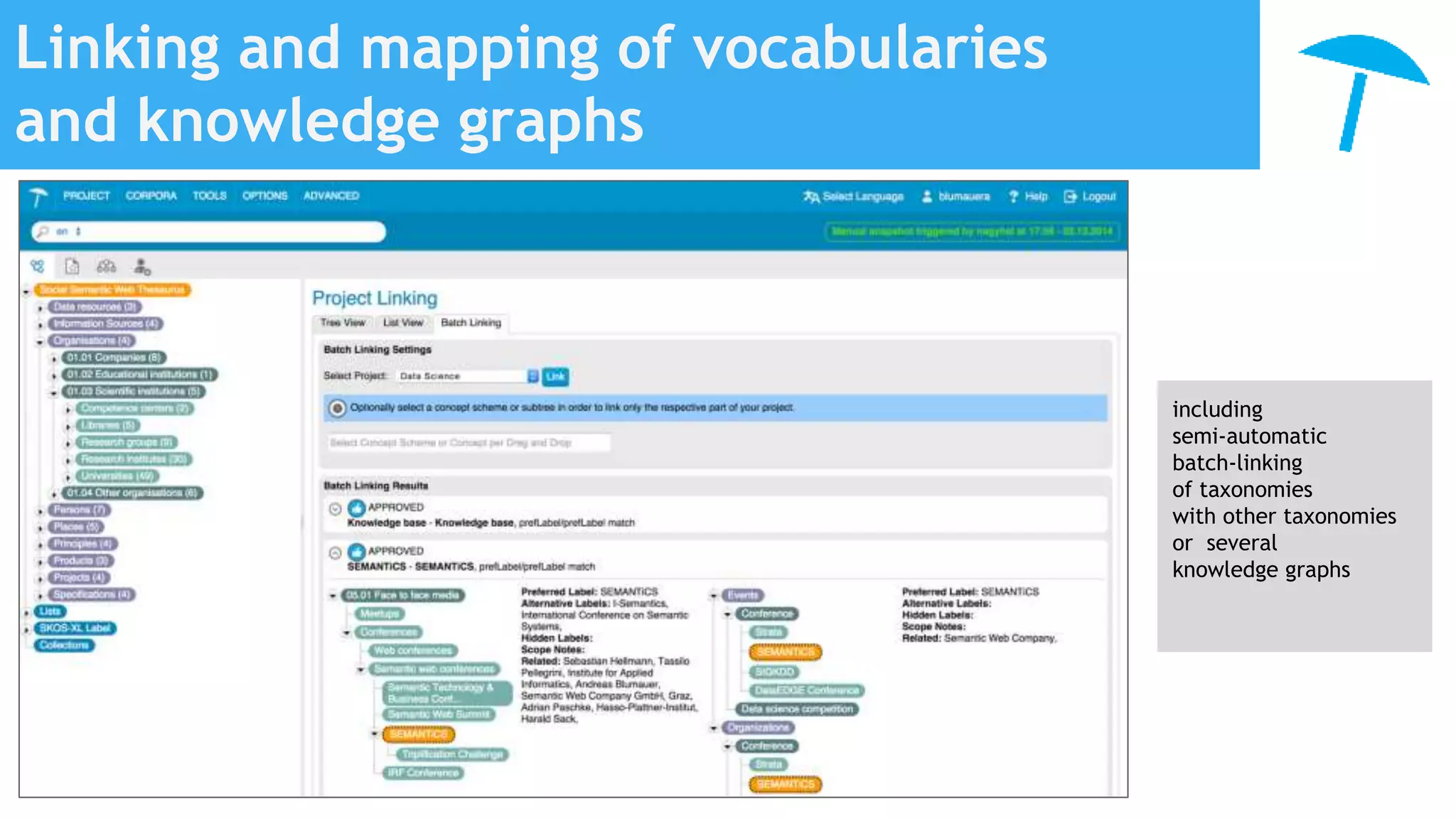 Linking and mapping of vocabularies
and knowledge graphs
including
semi-automatic
batch-linking
of taxonomies
with other taxonomies
or several
knowledge graphs
 
