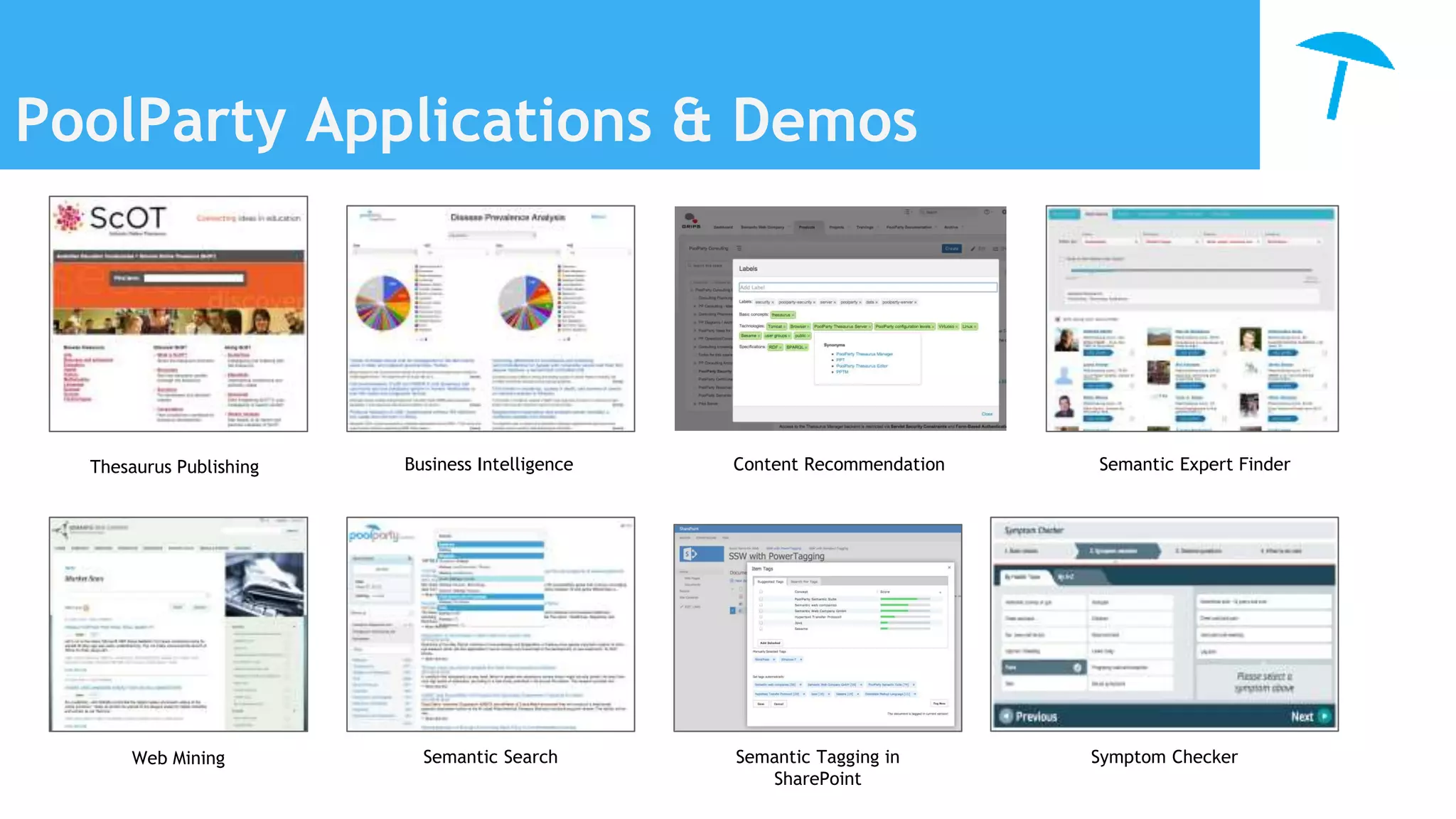 PoolParty Applications & Demos
Thesaurus Publishing Business Intelligence Content Recommendation Semantic Expert Finder
Web Mining Semantic Search Semantic Tagging in
SharePoint
Symptom Checker
 