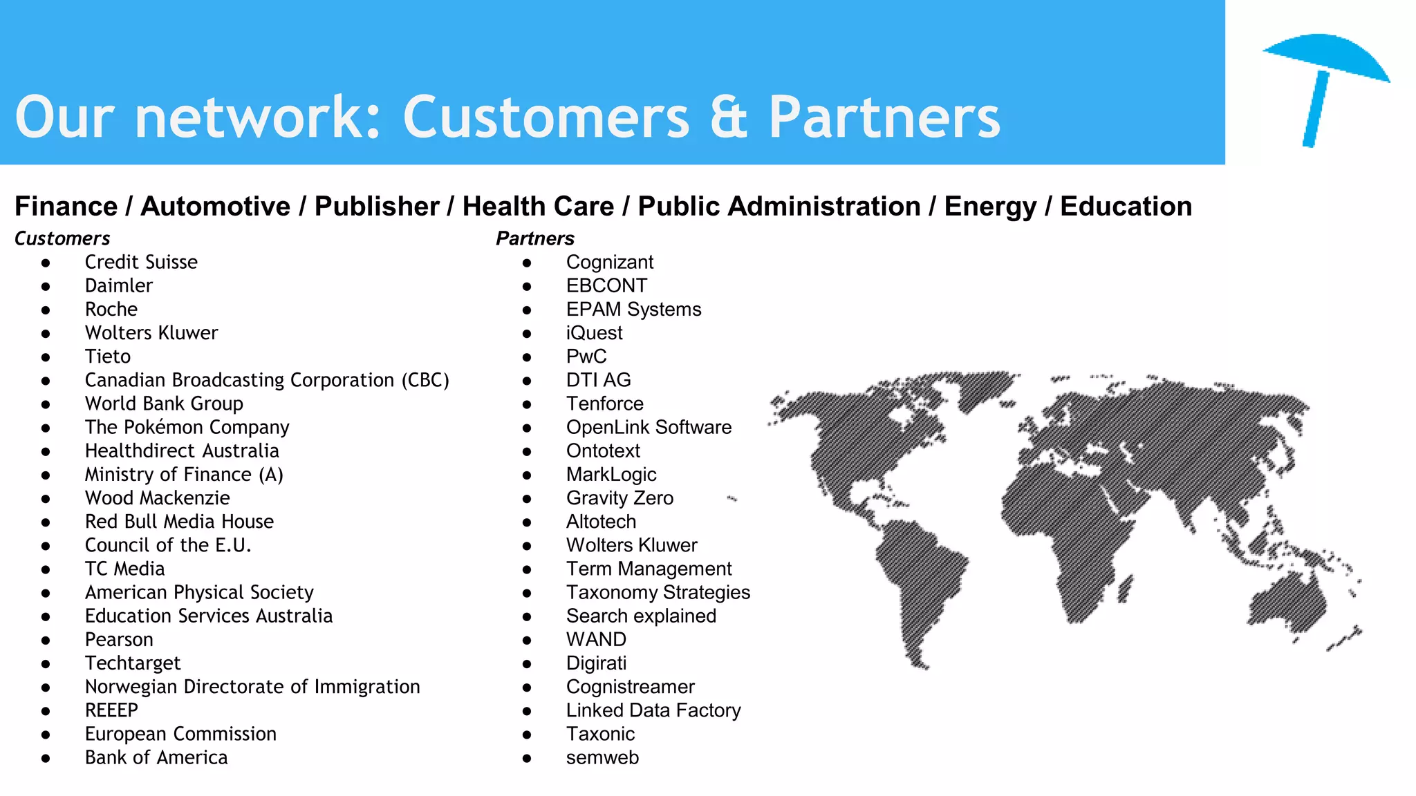 Our network: Customers & Partners
Customers
● Credit Suisse
● Daimler
● Roche
● Wolters Kluwer
● Tieto
● Canadian Broadcasting Corporation (CBC)
● World Bank Group
● The Pokémon Company
● Healthdirect Australia
● Ministry of Finance (A)
● Wood Mackenzie
● Red Bull Media House
● Council of the E.U.
● TC Media
● American Physical Society
● Education Services Australia
● Pearson
● Techtarget
● Norwegian Directorate of Immigration
● REEEP
● European Commission
● Bank of America
Finance / Automotive / Publisher / Health Care / Public Administration / Energy / Education
Partners
● Cognizant
● EBCONT
● EPAM Systems
● iQuest
● PwC
● DTI AG
● Tenforce
● OpenLink Software
● Ontotext
● MarkLogic
● Gravity Zero
● Altotech
● Wolters Kluwer
● Term Management
● Taxonomy Strategies
● Search explained
● WAND
● Digirati
● Cognistreamer
● Linked Data Factory
● Taxonic
● semweb
 