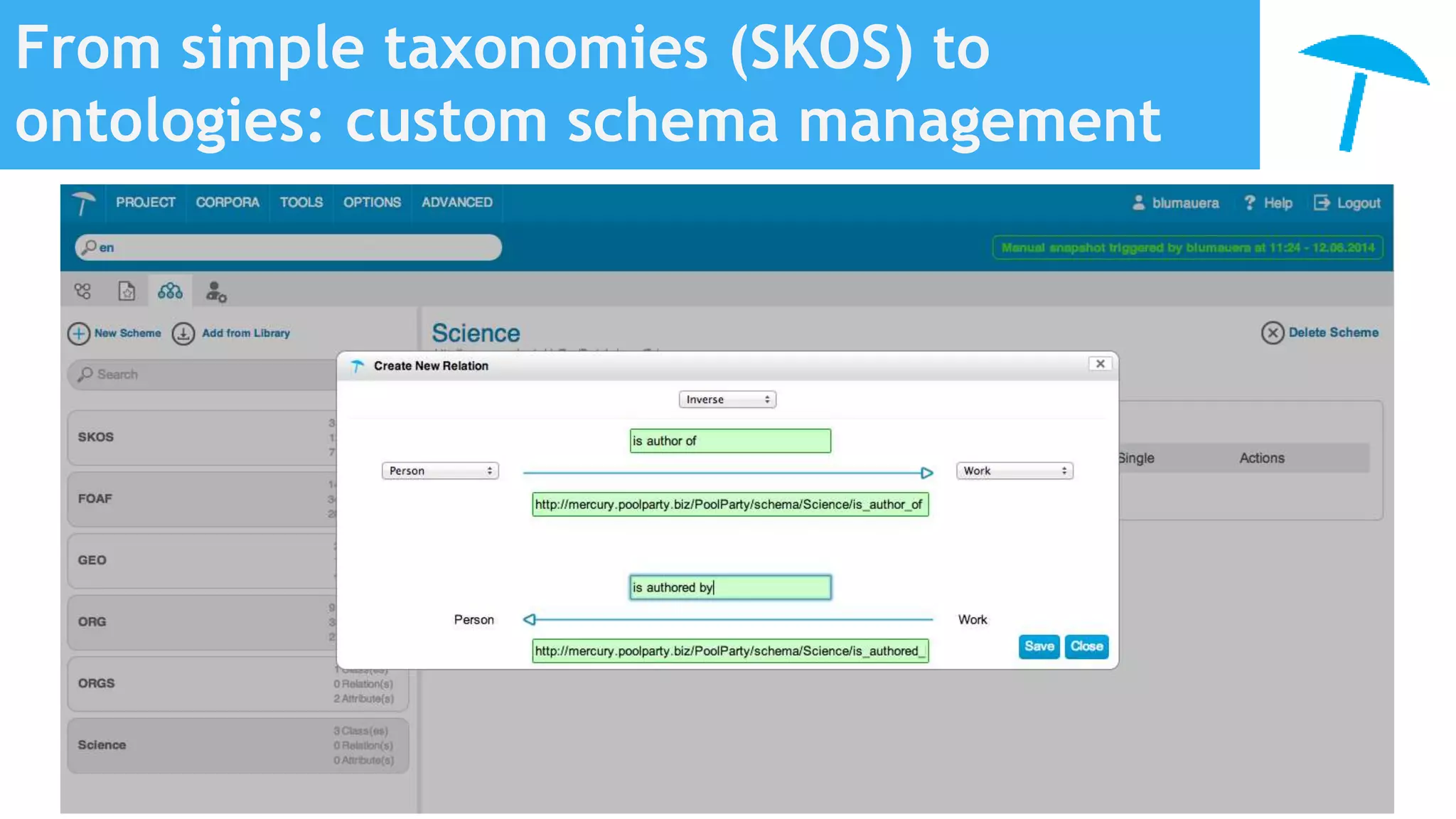 From simple taxonomies (SKOS) to
ontologies: custom schema management
 