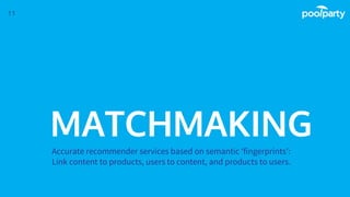 MATCHMAKING
Accurate recommender services based on semantic ‘fingerprints’:
Link content to products, users to content, and products to users.
11
 