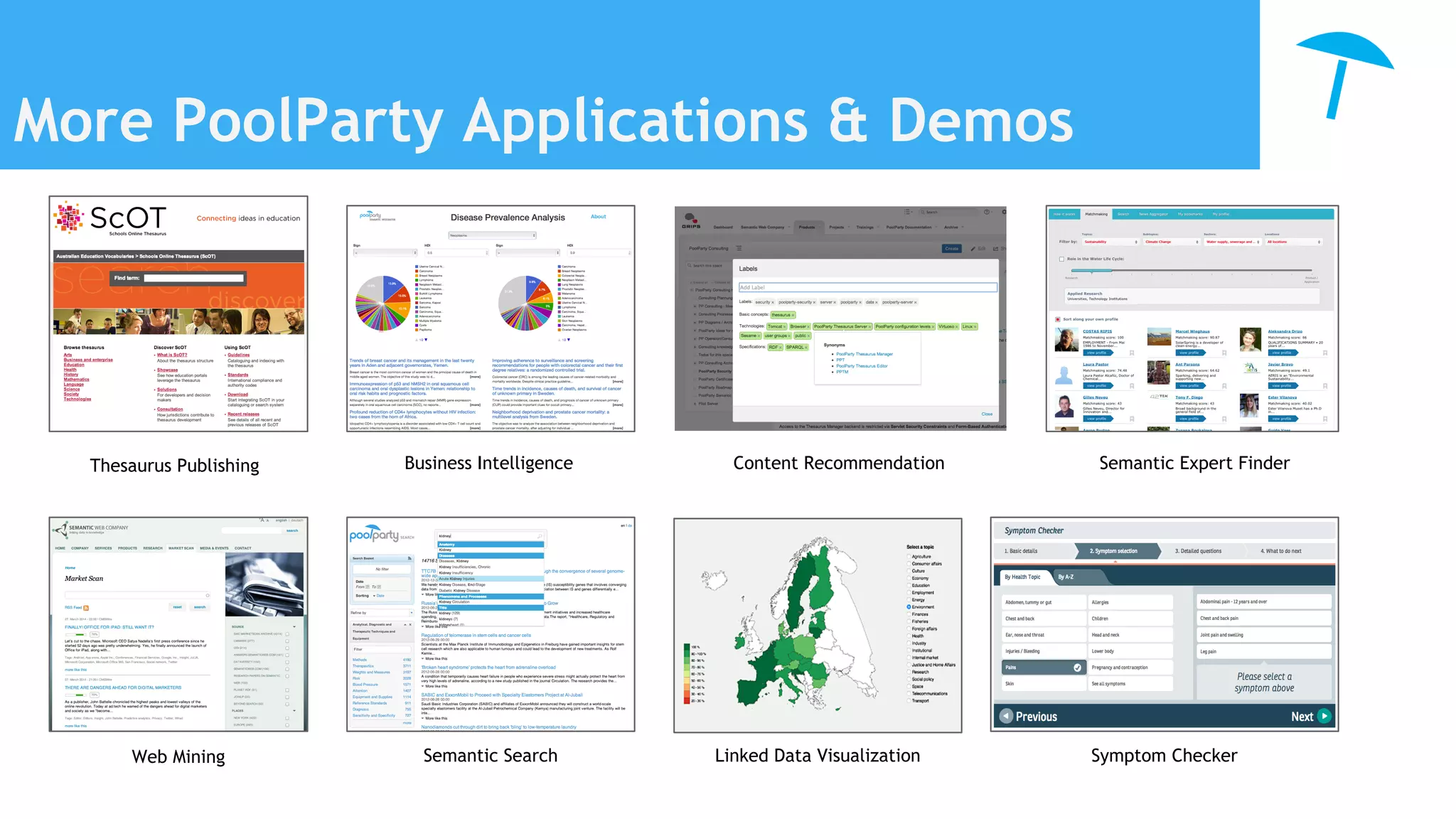 More PoolParty Applications & Demos
Thesaurus Publishing Business Intelligence Content Recommendation Semantic Expert Finder
Web Mining Semantic Search Linked Data Visualization Symptom Checker
 