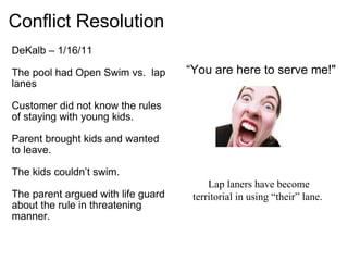 Conflict Resolution ,[object Object],[object Object],[object Object],[object Object],[object Object],[object Object],[object Object],Lap laners have become territorial in using “their” lane.  
