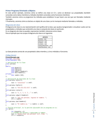 Capítulo:PrimerParcial
1
1
Primer Programa Orientado a Objetos
En este primer ejemplo, veremos cómo se define una clase en C++, como se declaran sus propiedades (también
conocidas como datos miembro) y métodos (también conocidos como funciones miembro).
También veremos cómo se programan los métodos para establecer lo que hacen una vez que son llamados mediante
mensajes.
Y finalmente, veremos cómo se declara un objeto de una clase y se le manipula mediante llamadas a métodos.
Diagrama de clase
El diagrama de clase es una representación semi-gráfica de la clase, que ayuda al programador a visualizar cuales son las
propiedades y métodos que contendrá una clase o conjunto de clases en particular.
En un diagrama de clase se pueden representar también relaciones entre clases.
Para el ejemplo que nos ocupa el diagrama de clase es el siguiente:
+dormir() : void
+hablar() : void
+contar() : void
+adquirirNombre() : void
+decirNombre() : void
-nombre : char
persona
La clase persona consta de una propiedad o dato miembro, y cinco métodos o funciones.
Código fuente
PrimerEjemplo.cpp
#include <iostream>
using namespace std;
// Declaración de la clase
class persona
{
public:
void dormir();
void hablar();
void contar();
void adquirirNombre();
void decirNombre();
private:
char nombre [40];
};
// Declaración de funciones de la clase
void persona::dormir()
{
cout << "zzzzzzzzz" << endl;
}
void persona::hablar()
{
cout << "bla bla bla bla" << endl;
}
void persona::contar()
{
cout << "1, 2, 3, 4, 5..." << endl;
}
void persona::adquirirNombre()
{
cout << "Soy una persona. Ingrese mi nombre: ";
cin >> nombre;
}
void persona::decirNombre()
{
cout << "Mi nombre es: " << nombre << endl;
}
// función principal. Es la porción ejecutable de un programa en C++
int main()
{
int respuesta = 0;
// Creando una persona y capturando su nombre
cout << "Desea crear una persona? 1=Si, 0=No: ";
cin >> respuesta;
 