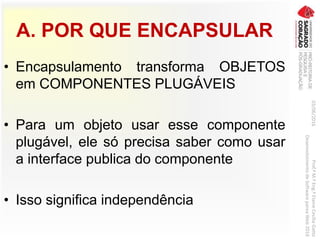 A. POR QUE ENCAPSULAR
• Encapsulamento transforma OBJETOS
em COMPONENTES PLUGÁVEIS
• Para um objeto usar esse componente
plugável, ele só precisa saber como usar
a interface publica do componente
• Isso significa independência
03/06/2016Prof.ªM.ªEng.ªElaineCecíliaGatto
DesenvolvimentodeSoftwarepareaWeb2016
 