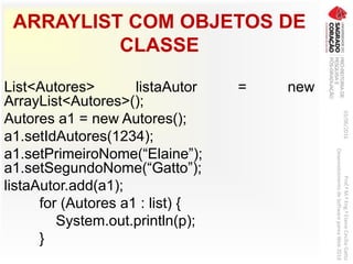 ARRAYLIST COM OBJETOS DE
CLASSE
List<Autores> listaAutor = new
ArrayList<Autores>();
Autores a1 = new Autores();
a1.setIdAutores(1234);
a1.setPrimeiroNome(“Elaine”);
a1.setSegundoNome(“Gatto”);
listaAutor.add(a1);
for (Autores a1 : list) {
System.out.println(p);
}
03/06/2016Prof.ªM.ªEng.ªElaineCecíliaGatto
DesenvolvimentodeSoftwarepareaWeb2016
 