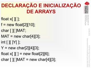 DECLARAÇÃO E INICIALIZAÇÃO
DE ARRAYS
float x[ ][ ];
f = new float[2][10];
char [ ][ ]MAT;
MAT = new char[4][3];
int [ ][ ]Y[ ];
Y = new char[2][4][3];
float x[ ][ ] = new float[2][6];
char [ ][ ]MAT = new char[4][3];
03/06/2016Prof.ªM.ªEng.ªElaineCecíliaGatto
DesenvolvimentodeSoftwarepareaWeb2016
 