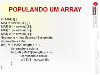POPULANDO UM ARRAY
int MAT[ ][ ];
MAT = new int[ 3 ][ ] ;
MAT[ 0 ] = new int[ 2 ];
MAT[ 1 ] = new int[ 5 ];
MAT[ 2 ] = new int[ 3 ];
Scanner e = new Scanner(System.in);
//preenche a linha
for( i = 0; i<MAT.length; i++ ) {
//preenche a coluna
for( j=0; j<MAT[i].length; j++ ) {
//preenche a célula
x[ i ][ j ] = e.nextInt();
}
}
03/06/2016Prof.ªM.ªEng.ªElaineCecíliaGatto
DesenvolvimentodeSoftwarepareaWeb2016
 