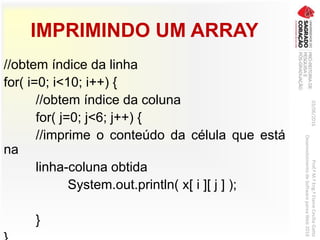 IMPRIMINDO UM ARRAY
//obtem índice da linha
for( i=0; i<10; i++) {
//obtem índice da coluna
for( j=0; j<6; j++) {
//imprime o conteúdo da célula que está
na
linha-coluna obtida
System.out.println( x[ i ][ j ] );
}
03/06/2016Prof.ªM.ªEng.ªElaineCecíliaGatto
DesenvolvimentodeSoftwarepareaWeb2016
 