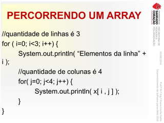 PERCORRENDO UM ARRAY
//quantidade de linhas é 3
for ( i=0; i<3; i++) {
System.out.println( “Elementos da linha” +
i );
//quantidade de colunas é 4
for( j=0; j<4; j++) {
System.out.println( x[ i , j ] );
}
}
03/06/2016Prof.ªM.ªEng.ªElaineCecíliaGatto
DesenvolvimentodeSoftwarepareaWeb2016
 