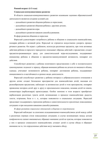 27
Ранний возраст (1-3 года)
Социально-коммуникативное развитие
В области социально-коммуникативного развития основными задачами образовательной
деятельности являются создание условий для:
– дальнейшего развития общения ребенка со взрослыми;
– дальнейшего развития общения ребенка с другими детьми;
– дальнейшего развития игры
– дальнейшего развития навыков самообслуживания.
В сфере развития общения со взрослым
Взрослый удовлетворяет потребность ребенка в общении и социальном взаимодействии,
поощряя ребенка к активной речи. Взрослый не стремится искусственно ускорить процесс
речевого развития. Он играет с ребенком, используя различные предметы, при этом активные
действия ребенка и взрослого чередуются; показывает образцы действий с предметами; создает
предметно-развивающую среду для самостоятельной игры-исследования; поддерживает
инициативу ребенка в общении и предметно-манипулятивной активности, поощряет его
действия.
Способствует развитию у ребенка позитивного представления о себе и положительного
самоощущения: подносит к зеркалу, обращая внимание ребенка на детали его внешнего облика,
одежды; учитывает возможности ребенка, поощряет достижения ребенка, поддерживает
инициативность и настойчивость в разных видах деятельности.
Взрослый способствует развитию у ребенка интереса и доброжелательного отношения к
другим детям: создает безопасное пространство для взаимодействия детей, насыщая его
разнообразными предметами, наблюдает за активностью детей в этом пространстве, поощряет
проявление интереса детей друг к другу и просоциальное поведение, называя детей по имени,
комментируя (вербализируя) происходящее. Особое значение в этом возрасте приобретает
вербализация различных чувств детей, возникающих в процессе взаимодействия: радости,
злости, огорчения, боли и т. п., которые появляются в социальных ситуациях. Взрослый
продолжает поддерживать стремление ребенка к самостоятельности в различных повседневных
ситуациях и при овладении навыками самообслуживания.
В сфере развития социальных отношений и общения со сверстниками
Взрослый наблюдает за спонтанно складывающимся взаимодействием детей между собой
в различных игровых и/или повседневных ситуациях; в случае возникающих между детьми
конфликтов не спешит вмешиваться; обращает внимание детей на чувства, которые появляются
у них в процессе социального взаимодействия; утешает детей в случае обиды и обращает
внимание на то, что определенные действия могут вызывать обиду.
 