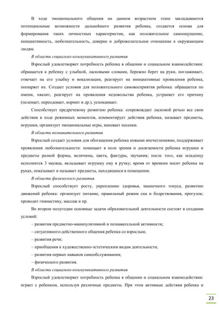 23
В ходе эмоционального общения на данном возрастном этапе закладываются
потенциальные возможности дальнейшего развития ребенка, создается основа для
формирования таких личностных характеристик, как положительное самоощущение,
инициативность, любознательность, доверие и доброжелательное отношение к окружающим
людям.
В области социально-коммуникативного развития
Взрослый удовлетворяет потребность ребенка в общении и социальном взаимодействии:
обращается к ребенку с улыбкой, ласковыми словами, бережно берет на руки, поглаживает,
отвечает на его улыбку и вокализации, реагирует на инициативные проявления ребенка,
поощряет их. Создает условия для положительного самовосприятия ребенка: обращается по
имени, хвалит, реагирует на проявления недовольства ребенка, устраняет его причину
(пеленает, переодевает, кормит и др.), успокаивает.
Способствует предречевому развитию ребенка: сопровождает ласковой речью все свои
действия в ходе режимных моментов, комментирует действия ребенка, называет предметы,
игрушки, организует эмоциональные игры, напевает песенки.
В области познавательного развития
Взрослый создает условия для обогащения ребенка новыми впечатлениями, поддерживает
проявления любознательности: помещает в поле зрения и досягаемости ребенка игрушки и
предметы разной формы, величины, цвета, фактуры, звучания; после того, как младенцу
исполнится 3 месяца, вкладывает игрушку ему в ручку; время от времени носит ребенка на
руках, показывает и называет предметы, находящиеся в помещении.
В области физического развития
Взрослый способствует росту, укреплению здоровья, мышечного тонуса, развитию
движений ребенка: организует питание, правильный режим сна и бодрствования, прогулок;
проводит гимнастику, массаж и пр.
Во втором полугодии основные задачи образовательной деятельности состоят в создании
условий:
– развития предметно-манипулятивной и познавательной активности;
– ситуативного-действенного общения ребенка со взрослым;
– развития речи;
– приобщения к художественно-эстетическим видам деятельности;
– развития первых навыков самообслуживания;
– физического развития.
В области социально-коммуникативного развития
Взрослый удовлетворяет потребность ребенка в общении и социальном взаимодействии:
играет с ребенком, используя различные предметы. При этом активные действия ребенка и
 