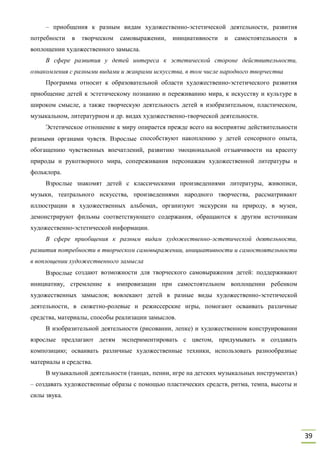 39
– приобщения к разным видам художественно-эстетической деятельности, развития
потребности в творческом самовыражении, инициативности и самостоятельности в
воплощении художественного замысла.
В сфере развития у детей интереса к эстетической стороне действительности,
ознакомления с разными видами и жанрами искусства, в том числе народного творчества
Программа относит к образовательной области художественно-эстетического развития
приобщение детей к эстетическому познанию и переживанию мира, к искусству и культуре в
широком смысле, а также творческую деятельность детей в изобразительном, пластическом,
музыкальном, литературном и др. видах художественно-творческой деятельности.
Эстетическое отношение к миру опирается прежде всего на восприятие действительности
разными органами чувств. Взрослые способствуют накоплению у детей сенсорного опыта,
обогащению чувственных впечатлений, развитию эмоциональной отзывчивости на красоту
природы и рукотворного мира, сопереживания персонажам художественной литературы и
фольклора.
Взрослые знакомят детей с классическими произведениями литературы, живописи,
музыки, театрального искусства, произведениями народного творчества, рассматривают
иллюстрации в художественных альбомах, организуют экскурсии на природу, в музеи,
демонстрируют фильмы соответствующего содержания, обращаются к другим источникам
художественно-эстетической информации.
В сфере приобщения к разным видам художественно-эстетической деятельности,
развития потребности в творческом самовыражении, инициативности и самостоятельности
в воплощении художественного замысла
Взрослые создают возможности для творческого самовыражения детей: поддерживают
инициативу, стремление к импровизации при самостоятельном воплощении ребенком
художественных замыслов; вовлекают детей в разные виды художественно-эстетической
деятельности, в сюжетно-ролевые и режиссерские игры, помогают осваивать различные
средства, материалы, способы реализации замыслов.
В изобразительной деятельности (рисовании, лепке) и художественном конструировании
взрослые предлагают детям экспериментировать с цветом, придумывать и создавать
композицию; осваивать различные художественные техники, использовать разнообразные
материалы и средства.
В музыкальной деятельности (танцах, пении, игре на детских музыкальных инструментах)
– создавать художественные образы с помощью пластических средств, ритма, темпа, высоты и
силы звука.
 