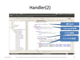 Handler(2)


                                                                                             書き込み

                                                                                        Messageを参照

                                                                                          POTの描画

                                                                                        スイッチの描画




2012/2/1８   https://github.com/magoroku15/OpenAccessoryDemo/blob/master/Doc/poorman's adk.pptx   121
 