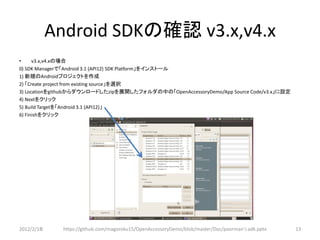 Android SDKの確認 v3.x,v4.x
•     v3.x,v4.xの場合
0) SDK Managerで「Android 3.1 (API12) SDK Platform」をインストール
1) 新規のAndroidプロジェクトを作成
2) 「Create project from existing source」を選択
3) Locationをgithubからダウンロードしたzipを展開したフォルダの中の「OpenAccessoryDemo/App Source Code/v3.x」に設定
4) Nextをクリック
5) Build Targetを「Android 3.1 (API12)」
6) Finishをクリック




2012/2/1８    https://github.com/magoroku15/OpenAccessoryDemo/blob/master/Doc/poorman's adk.pptx   13
 