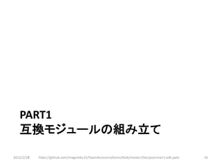 PART1
   互換モジュールの組み立て

2012/2/1８   https://github.com/magoroku15/OpenAccessoryDemo/blob/master/Doc/poorman's adk.pptx   16
 