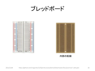 ブレッドボード




                                                                   内部の配線



2012/2/1８   https://github.com/magoroku15/OpenAccessoryDemo/blob/master/Doc/poorman's adk.pptx   18
 
