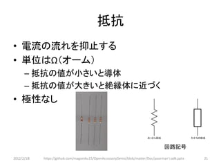抵抗
• 電流の流れを抑止する
• 単位はΩ（オーム）
      – 抵抗の値が小さいと導体
      – 抵抗の値が大きいと絶縁体に近づく
• 極性なし


                                                                        おっさん記法                   わかもの記法



                                                                                  回路記号
2012/2/1８   https://github.com/magoroku15/OpenAccessoryDemo/blob/master/Doc/poorman's adk.pptx        21
 