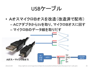 USBケーブル
• ＡオスマイクロＢオスを改造（改造済で配布）
      – ＡＣアダプタから5Vを取り、マイクロＢオスに回す
      – マイクロＢのデータ線を取りだす




                                        AC                                   5V
                                                                                                 マイクロ
                                        アダ       Aオス                         GND                 Ｂオス
 Ａオス－マイクロＢオス                            プタ                                   D-
                                                                             D+
2012/2/1８   https://github.com/magoroku15/OpenAccessoryDemo/blob/master/Doc/poorman's adk.pptx          26
 