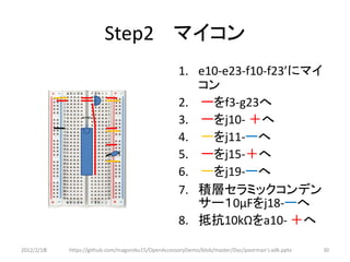 Step2 マイコン
                                                    1. e10-e23-f10-f23’にマイ
                                                       コン
                                                    2. ーをf3-g23へ
                   1 2 3




                欠け切り

                                                    3. ーをj10- ＋へ
                                                    4. ーをj11-ーへ
                                                    5. ーをj15-＋へ
                                                    6. ーをj19-ーへ
                                                    7. 積層セラミックコンデン
                                                       サー１0μFをj18-ーへ
                                                    8. 抵抗10kΩをa10- ＋へ

2012/2/1８   https://github.com/magoroku15/OpenAccessoryDemo/blob/master/Doc/poorman's adk.pptx   30
 