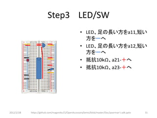 Step3 LED/SW
                                                    • LED、足の長い方をa11,短い
                                                      方をーへ
                                                    • LED、足の長い方をa12,短い
                   1 2 3




                                                      方をーへ
                                                    • 抵抗10ｋΩ、a21-＋へ
                                                    • 抵抗10ｋΩ、a23-＋へ




2012/2/1８   https://github.com/magoroku15/OpenAccessoryDemo/blob/master/Doc/poorman's adk.pptx   31
 