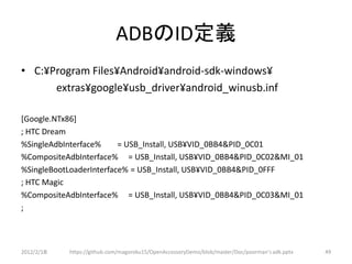 ADBのID定義
• C:¥Program Files¥Android¥android-sdk-windows¥
      extras¥google¥usb_driver¥android_winusb.inf

[Google.NTx86]
; HTC Dream
%SingleAdbInterface%     = USB_Install, USB¥VID_0BB4&PID_0C01
%CompositeAdbInterface% = USB_Install, USB¥VID_0BB4&PID_0C02&MI_01
%SingleBootLoaderInterface% = USB_Install, USB¥VID_0BB4&PID_0FFF
; HTC Magic
%CompositeAdbInterface% = USB_Install, USB¥VID_0BB4&PID_0C03&MI_01
;



2012/2/1８   https://github.com/magoroku15/OpenAccessoryDemo/blob/master/Doc/poorman's adk.pptx   49
 