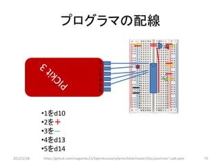プログラマの配線




                                                                             1 2 3
                                            1
                                            2
                                            3
                                            4
                                            5
                                            6



            •1をd10
            •2を＋
            •3を―
            •4をd13
            •5をd14
2012/2/1８   https://github.com/magoroku15/OpenAccessoryDemo/blob/master/Doc/poorman's adk.pptx   73
 